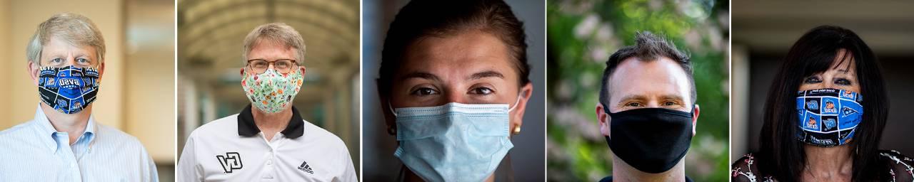 A collage of 5 photos of GVSU faculty, staff, administration 和 students wearing face masks.